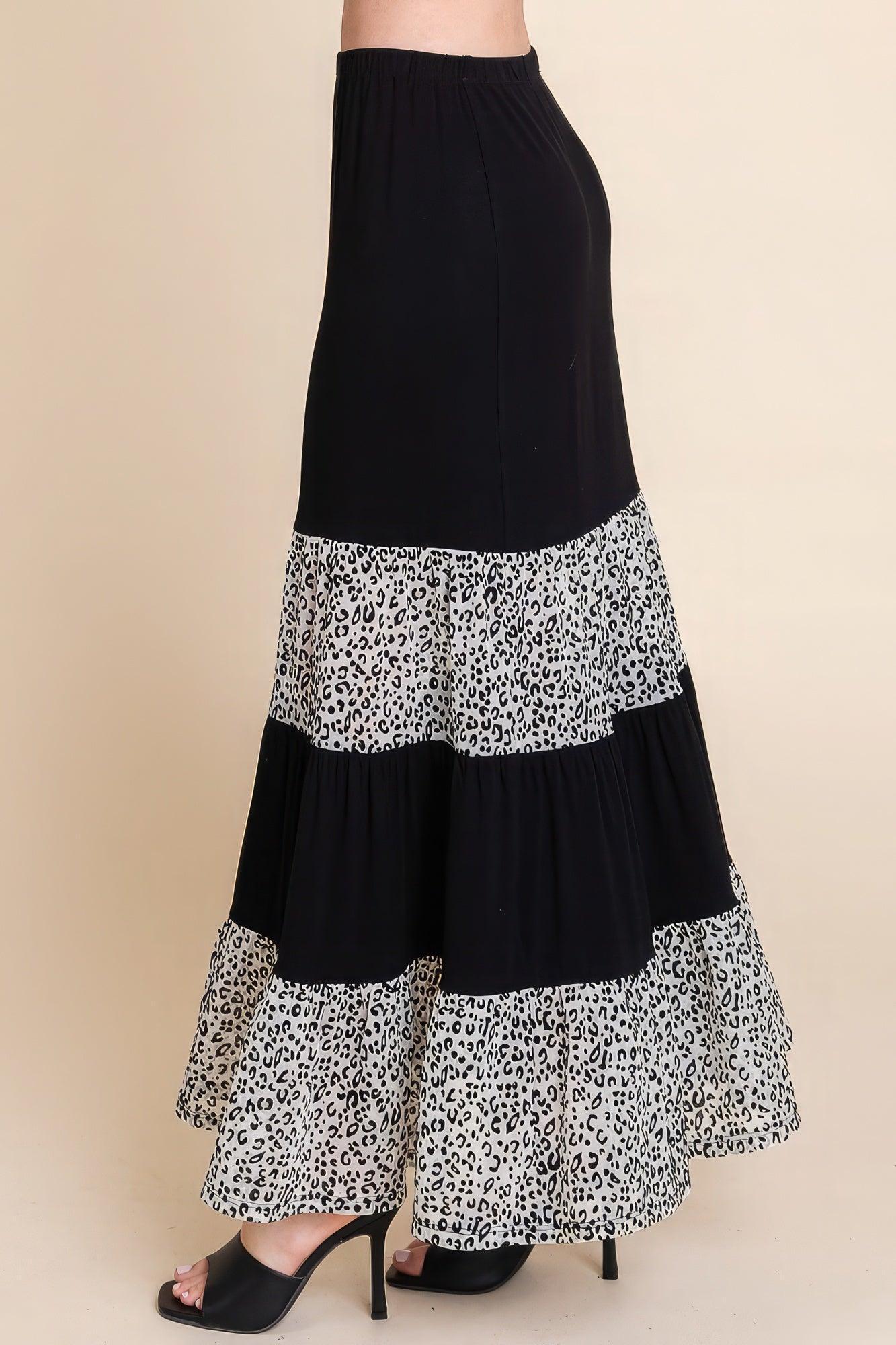 Long Tiered Contrast Fashion Skirt With Velvet Animal Print Mesh | Mixtshop LLC