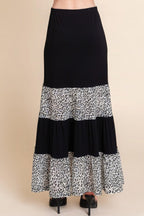 Long Tiered Contrast Fashion Skirt With Velvet Animal Print Mesh | Mixtshop LLC