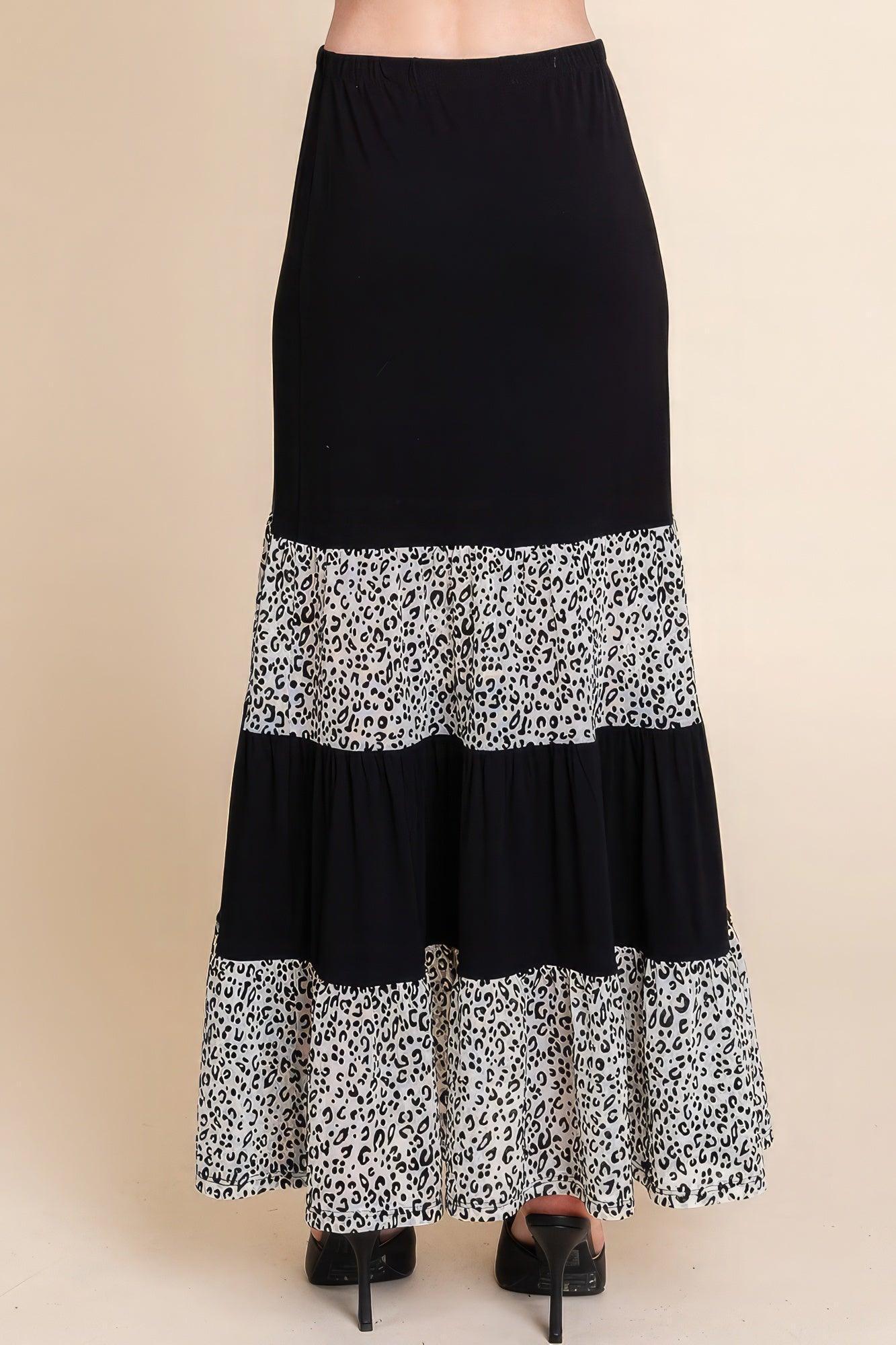 Long Tiered Contrast Fashion Skirt With Velvet Animal Print Mesh | Mixtshop LLC