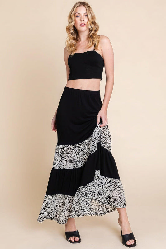 Long Tiered Contrast Fashion Skirt With Velvet Animal Print Mesh | Mixtshop LLC