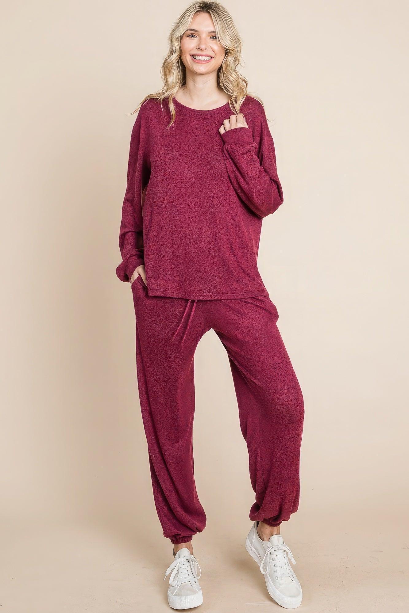 Two Tone Solid Warm And Soft Hacci Brush Loungewear Set | Mixtshop LLC