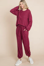 Two Tone Solid Warm And Soft Hacci Brush Loungewear Set | Mixtshop LLC