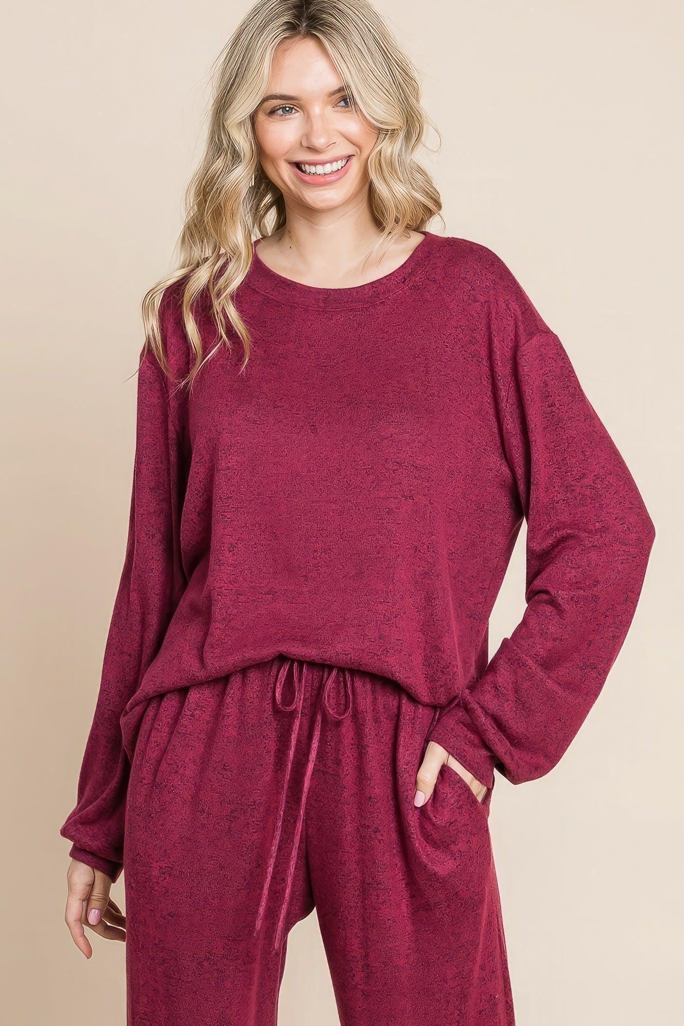 Two Tone Solid Warm And Soft Hacci Brush Loungewear Set | Mixtshop LLC