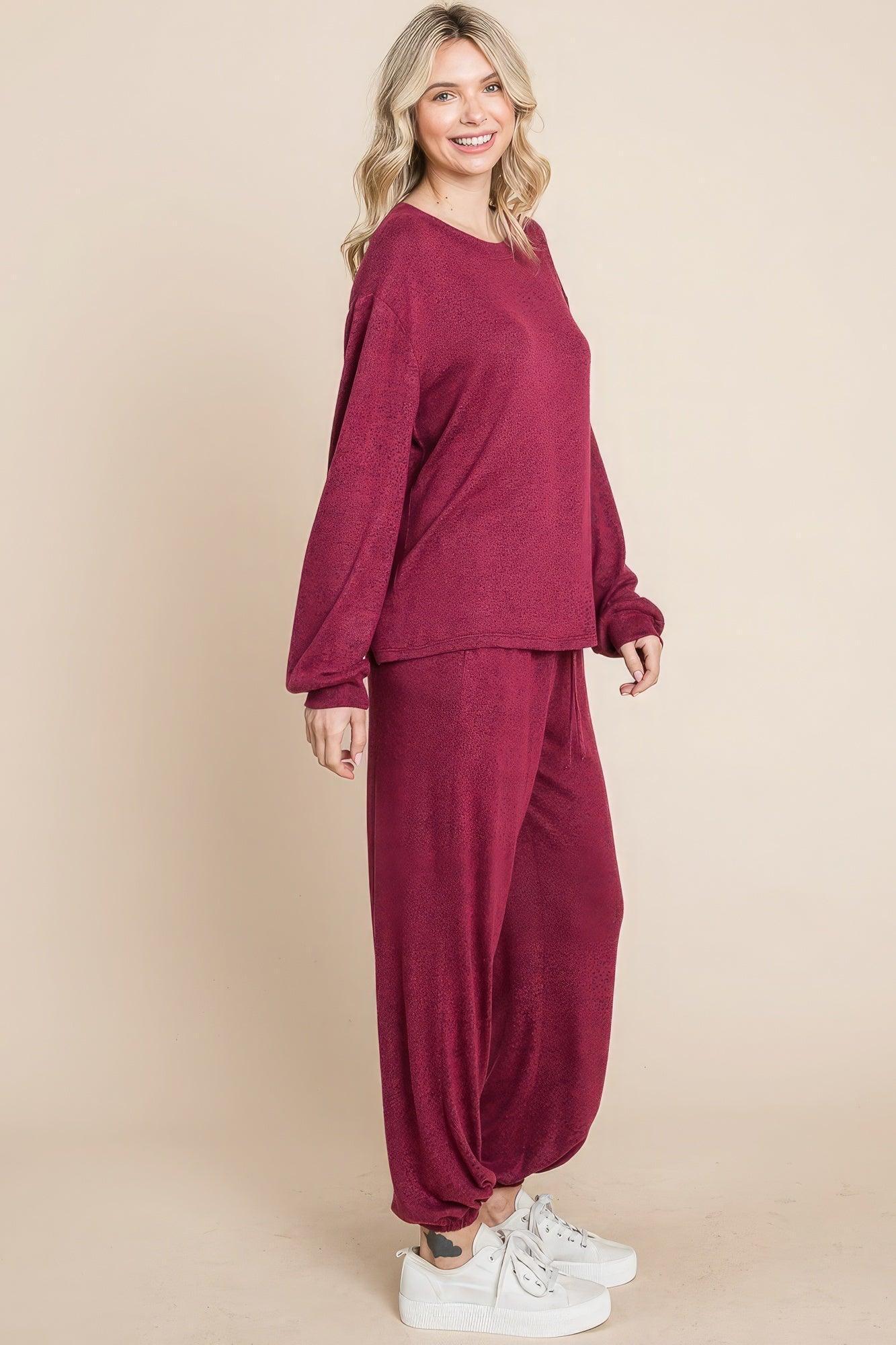 Two Tone Solid Warm And Soft Hacci Brush Loungewear Set | Mixtshop LLC