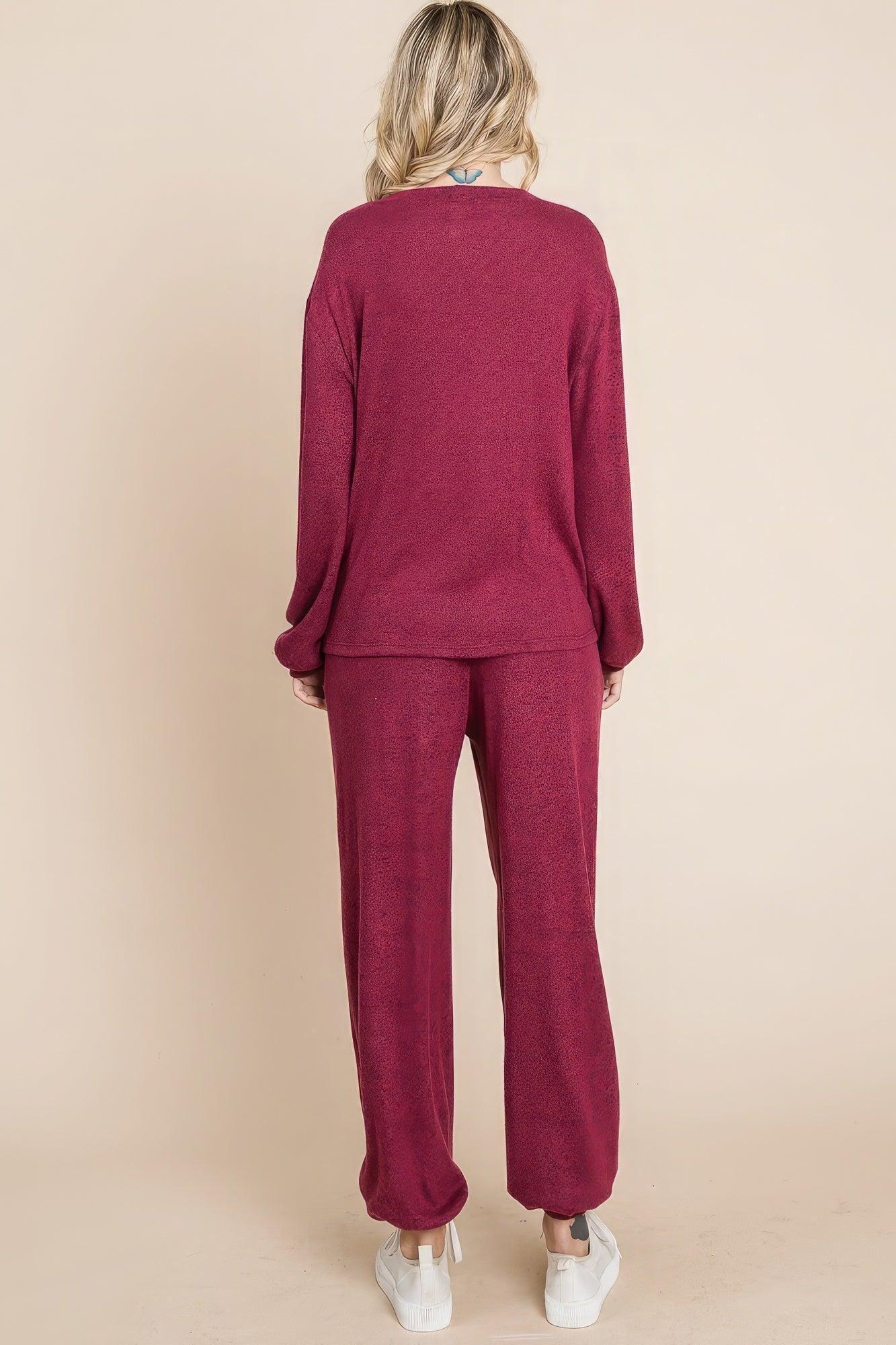 Two Tone Solid Warm And Soft Hacci Brush Loungewear Set | Mixtshop LLC
