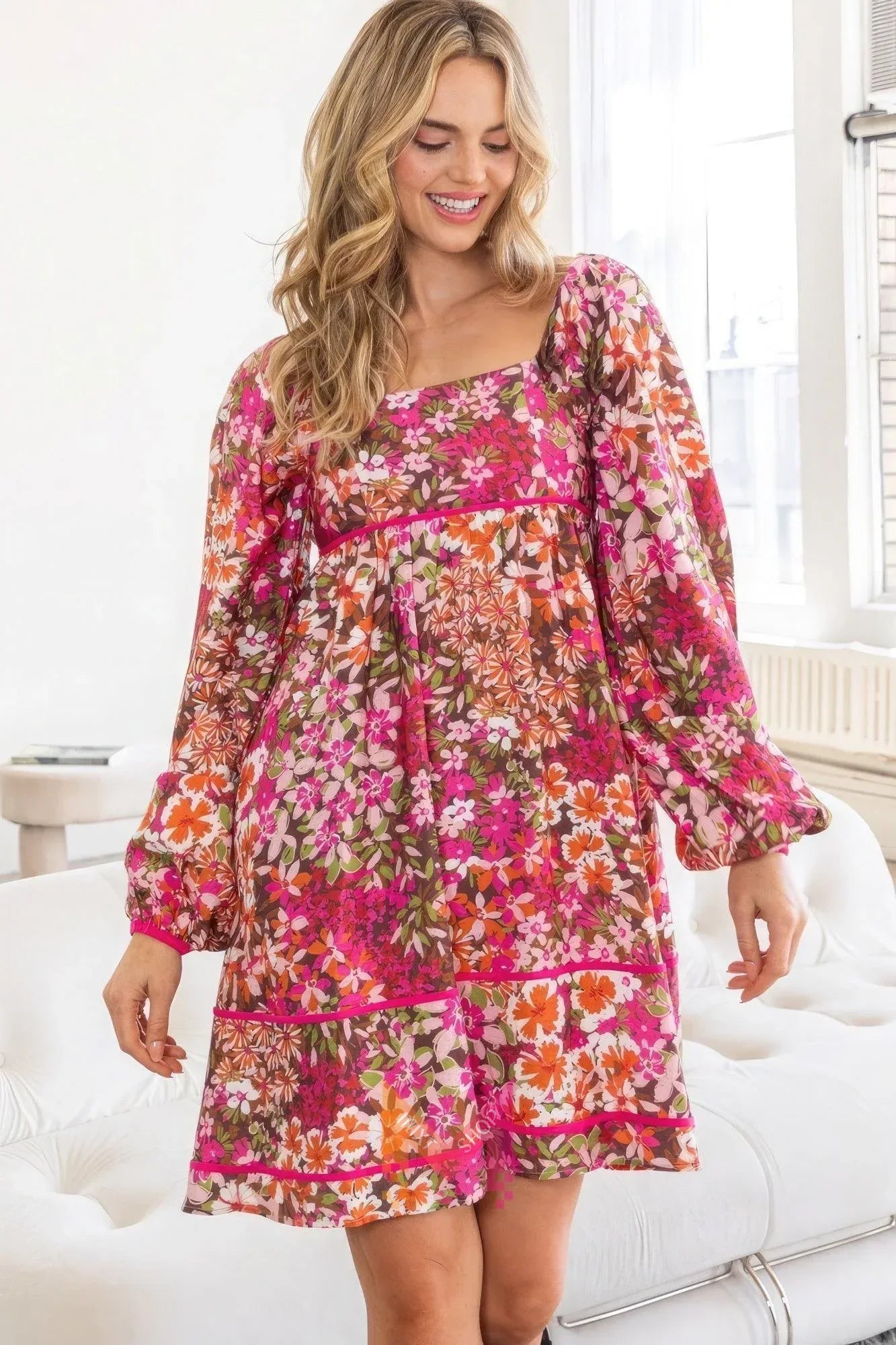 Floral Square Neckline Mini Dress | Mixtshop LLC