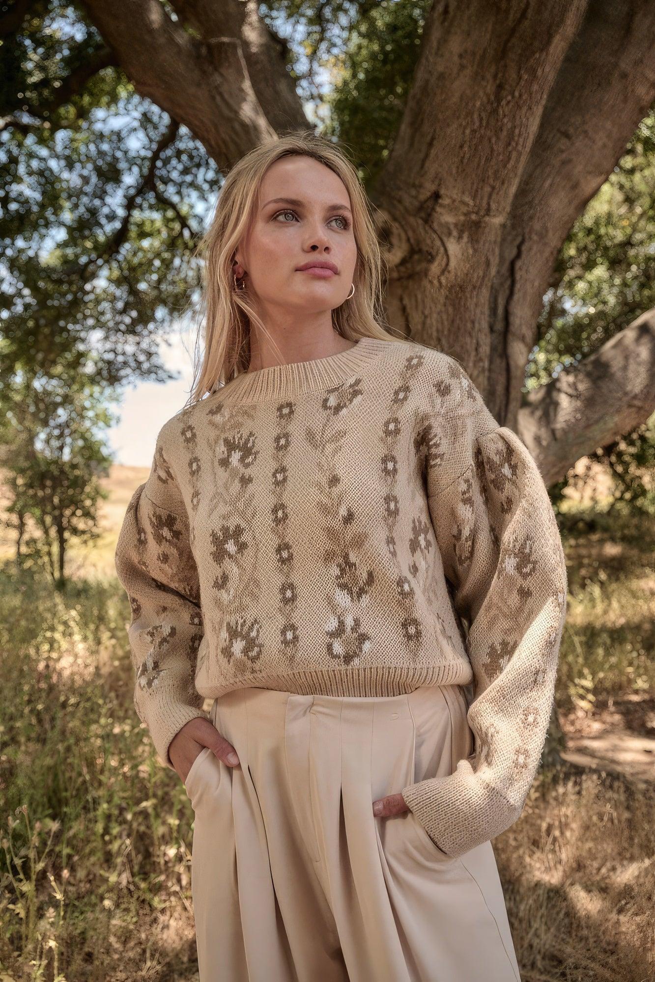 Floral Round Neck Long Sleeve Relax Fit Sweater | Mixtshop LLC Main image