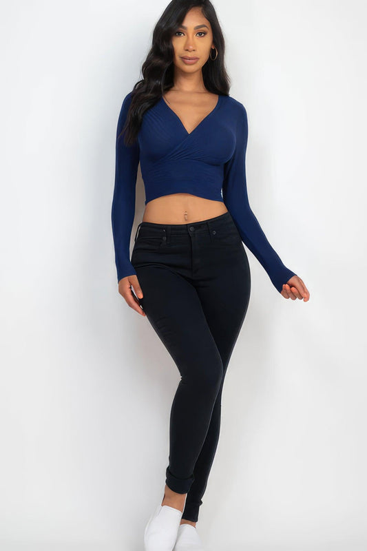 Ribbed Wrap Front Long Sleeve Top | Mixtshop LLC