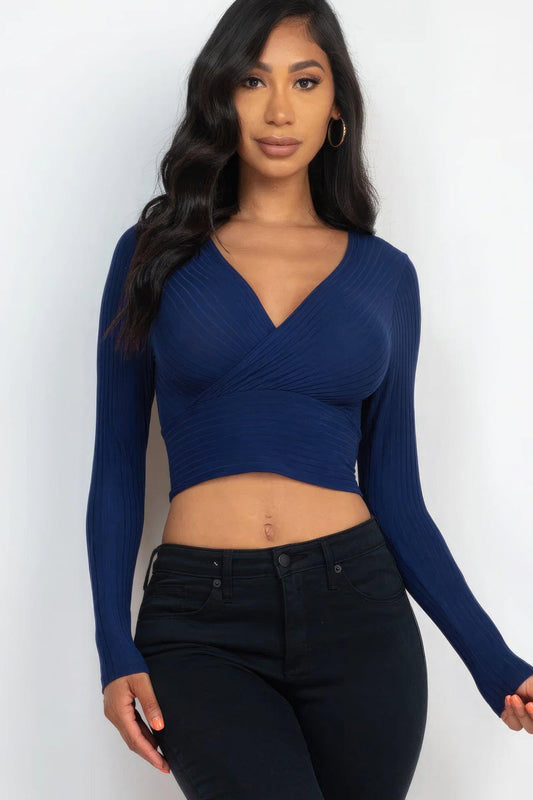 Ribbed Wrap Front Long Sleeve Top | Mixtshop LLC