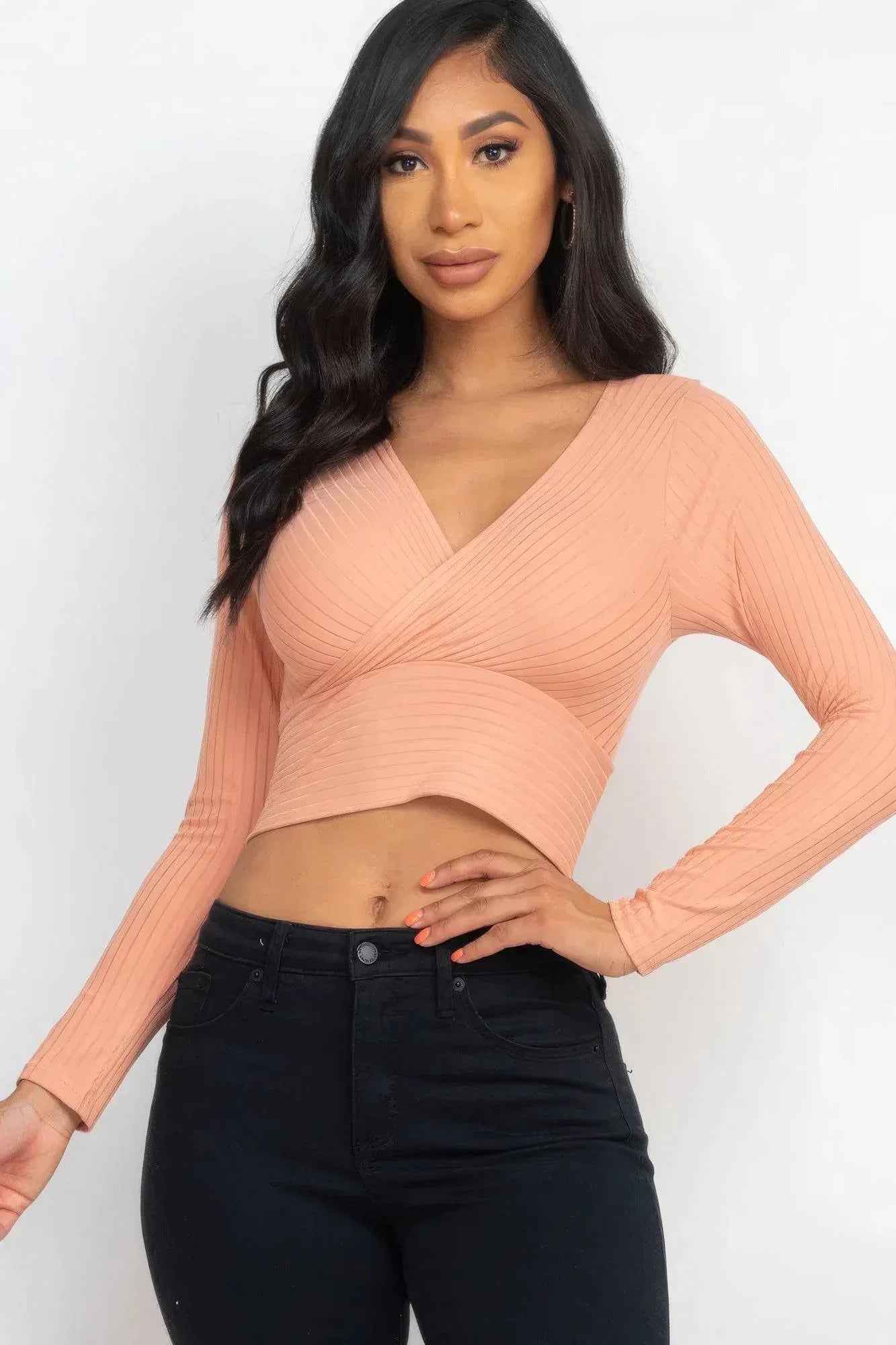 Ribbed Wrap Front Long Sleeve Top | Mixtshop LLC Main image