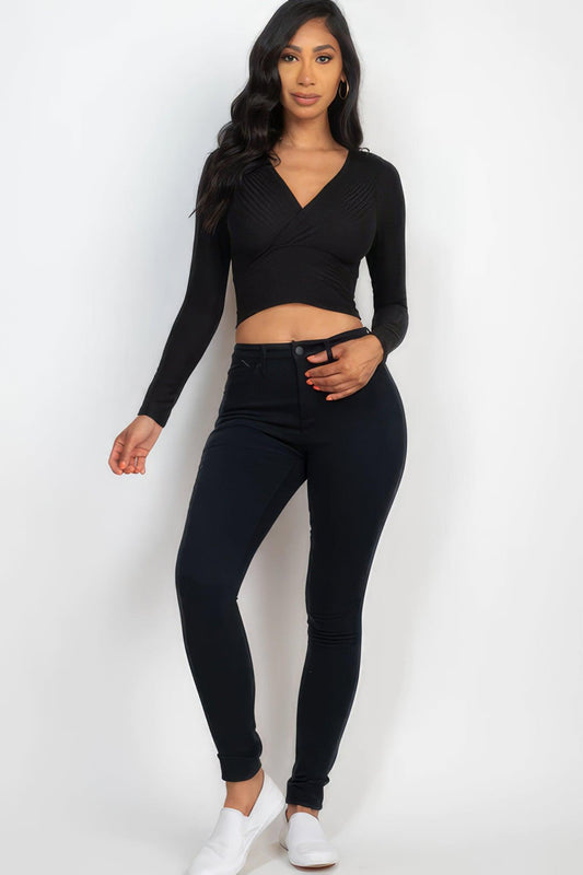 Ribbed Wrap Front Long Sleeve Top | Mixtshop LLC
