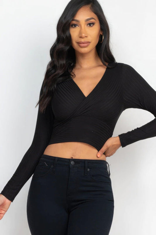 Ribbed Wrap Front Long Sleeve Top | Mixtshop LLC