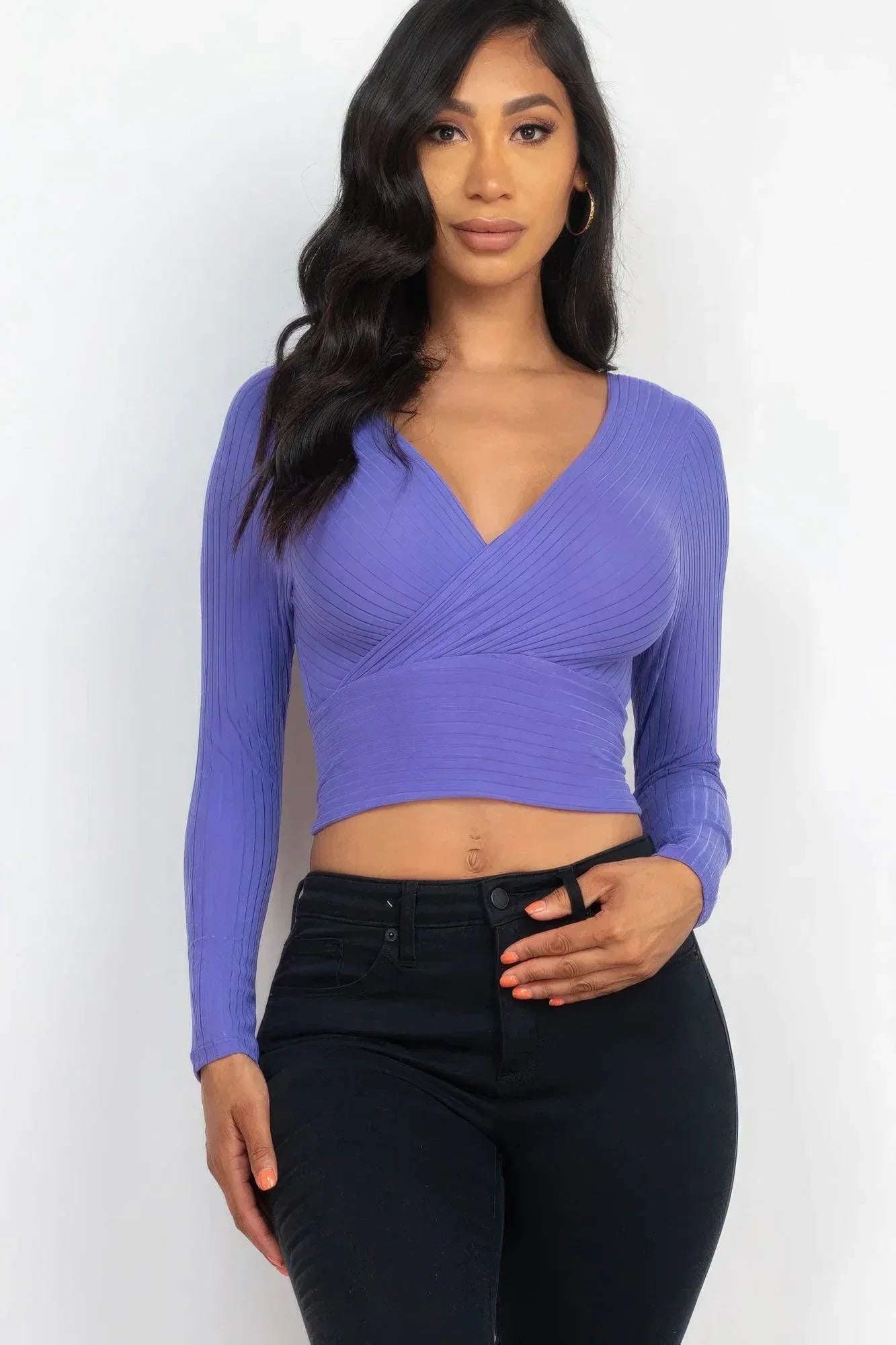 Ribbed Wrap Front Long Sleeve Top | Mixtshop LLC Main image
