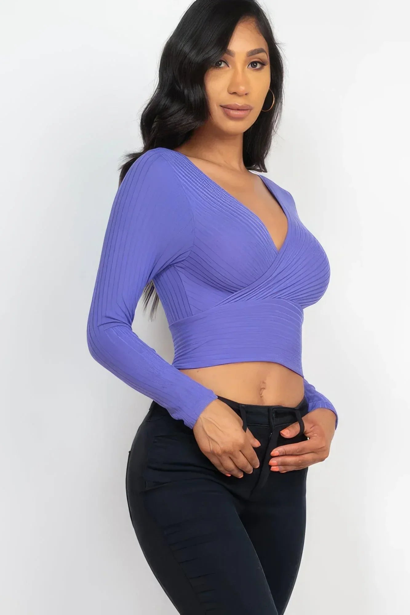 Ribbed Wrap Front Long Sleeve Top | Mixtshop LLC