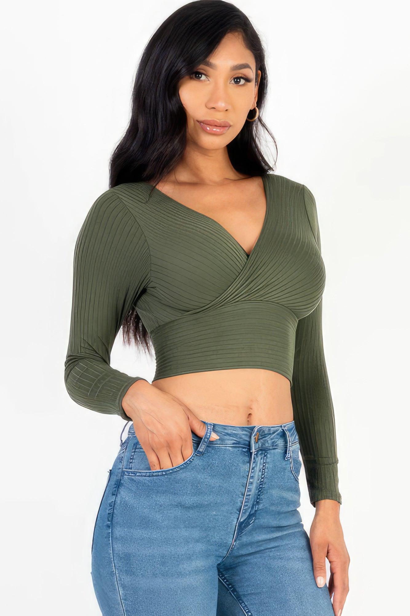 Ribbed Wrap Front Long Sleeve Top | Mixtshop LLC