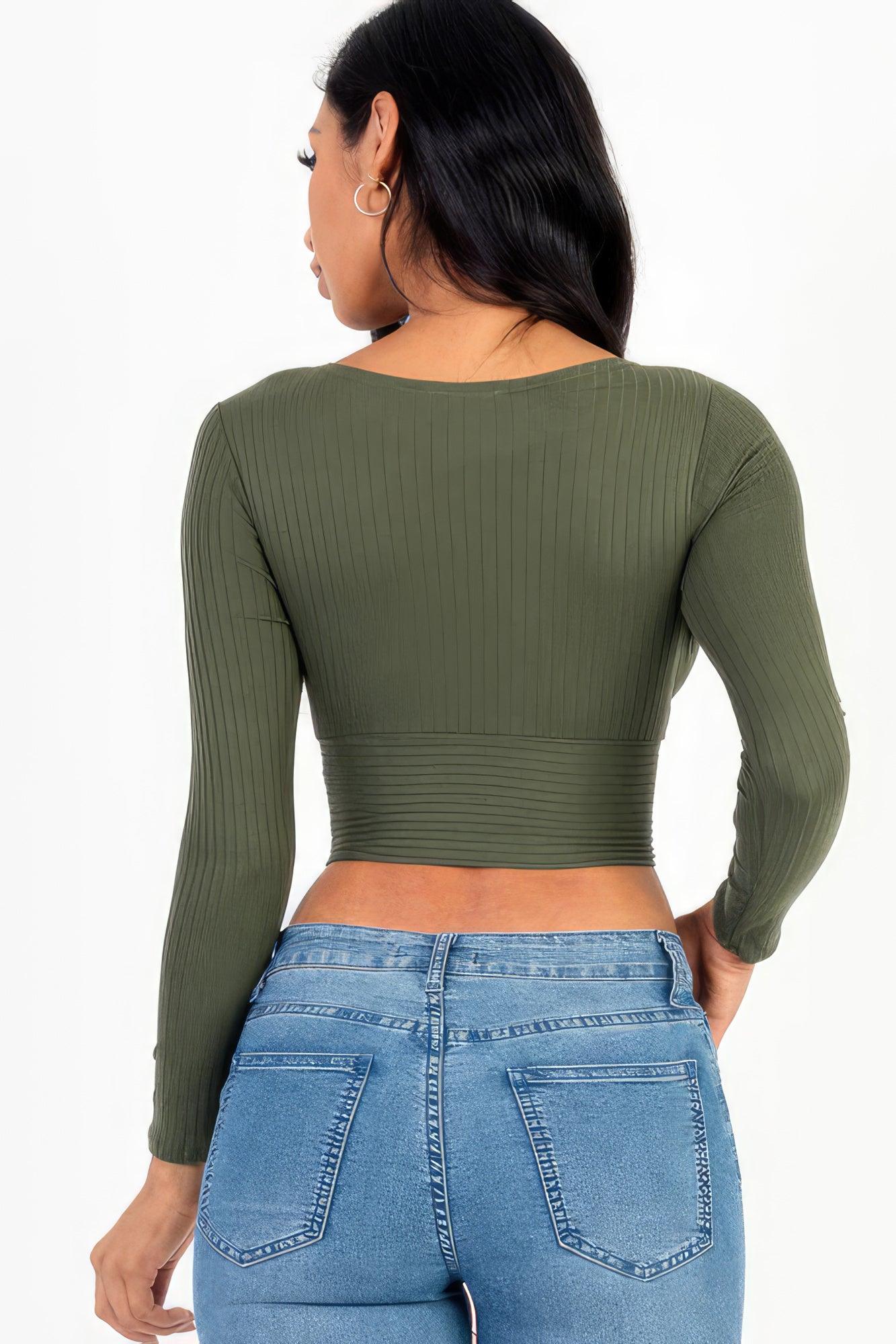 Ribbed Wrap Front Long Sleeve Top | Mixtshop LLC
