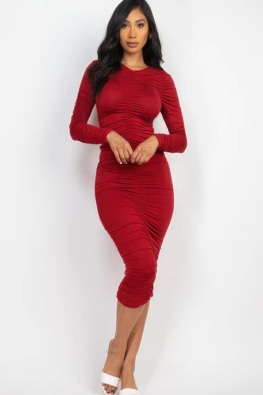 Ruched Long Sleeve Midi Dress | Mixtshop LLC