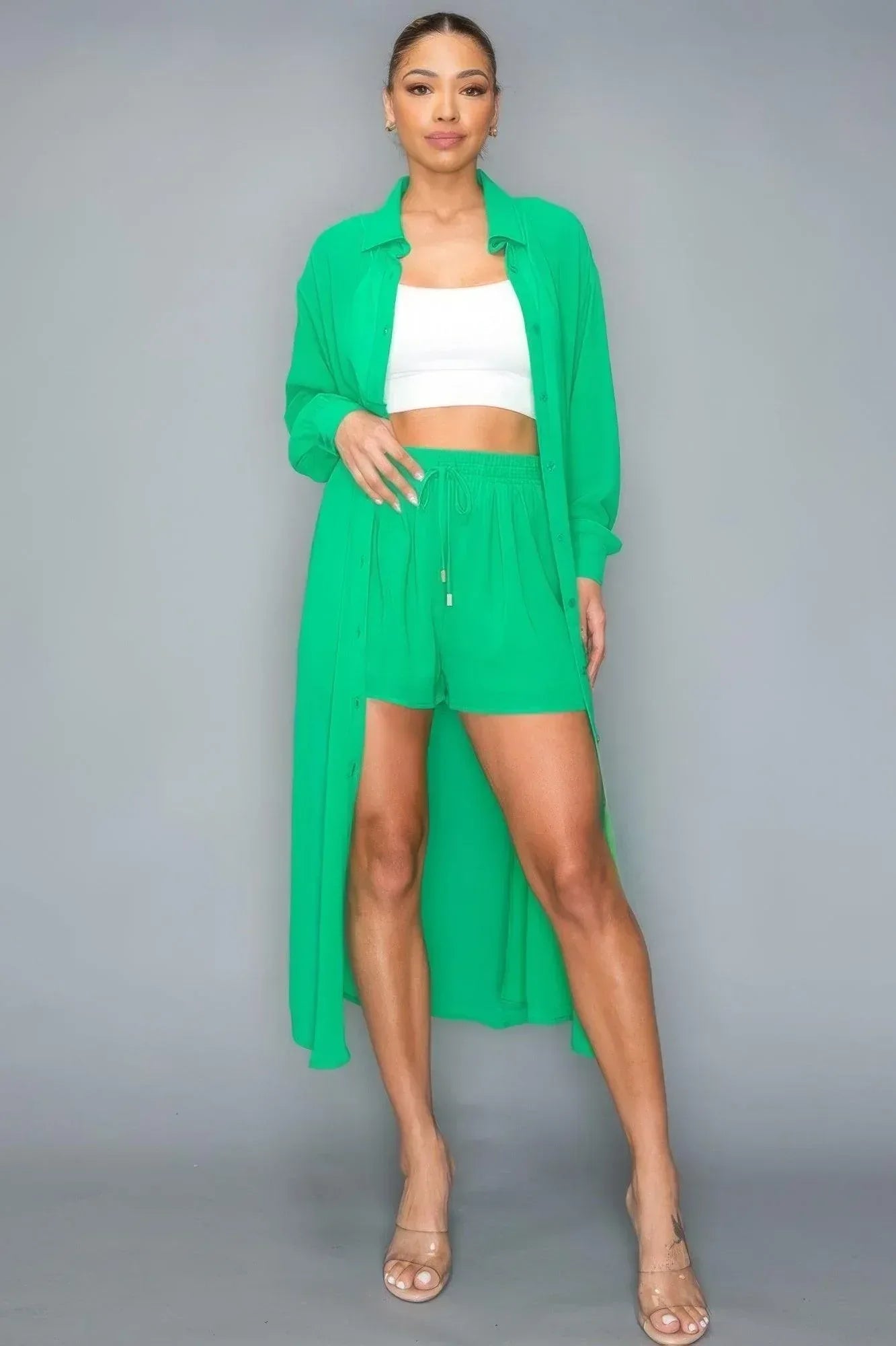Chiffon Button Down Long Sleeve Side Slit Long Top With Short Set | Mixtshop LLC Main image
