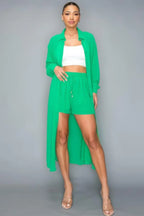 Chiffon Button Down Long Sleeve Side Slit Long Top With Short Set | Mixtshop LLC