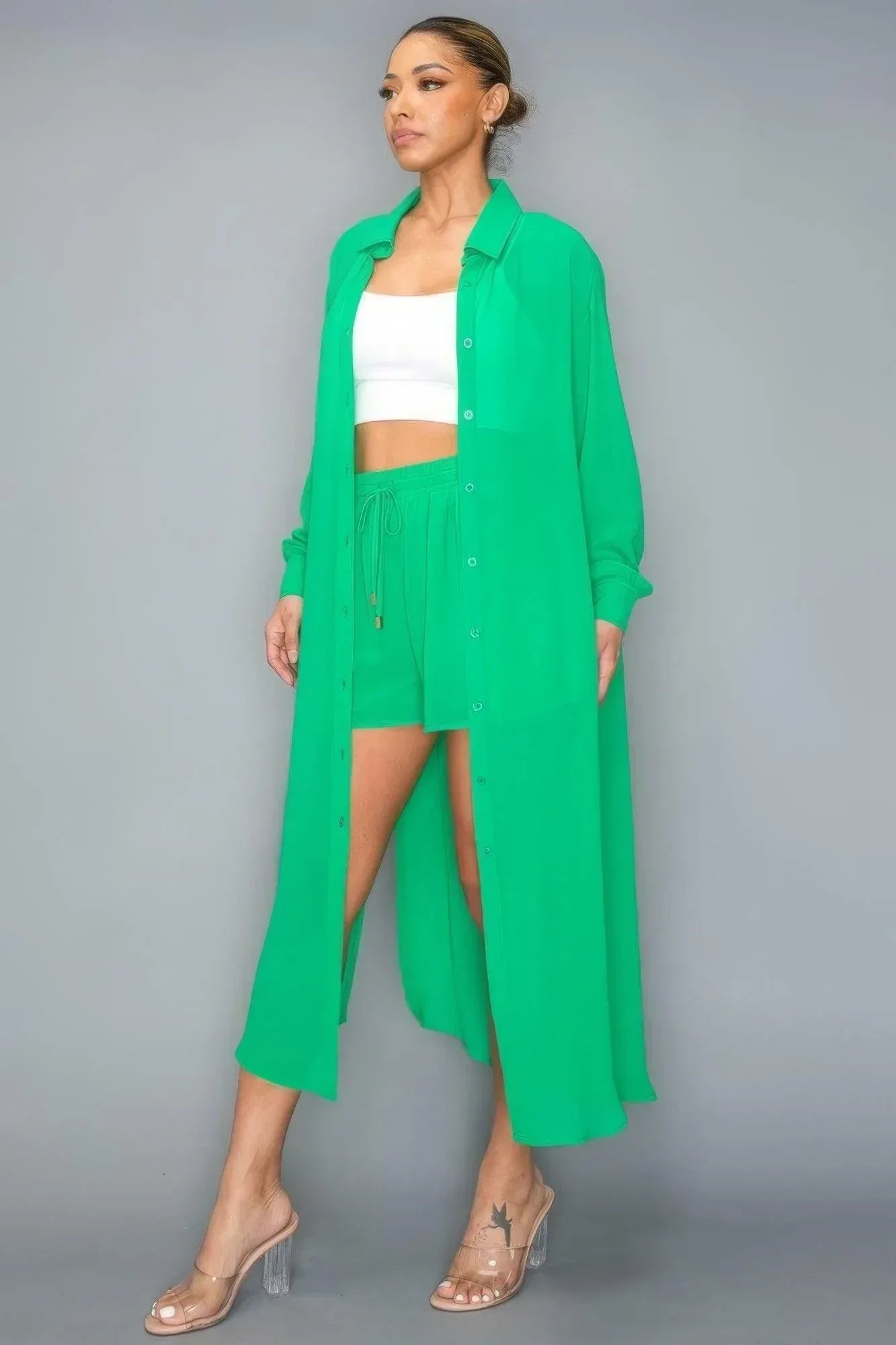 Chiffon Button Down Long Sleeve Side Slit Long Top With Short Set Secondary image