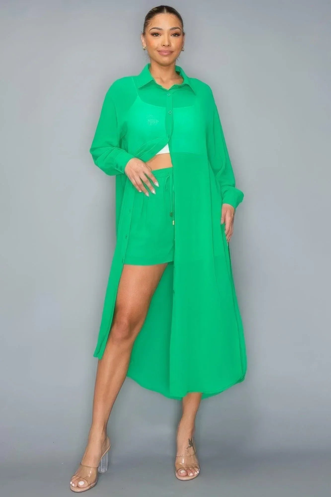 Chiffon Button Down Long Sleeve Side Slit Long Top With Short Set | Mixtshop LLC