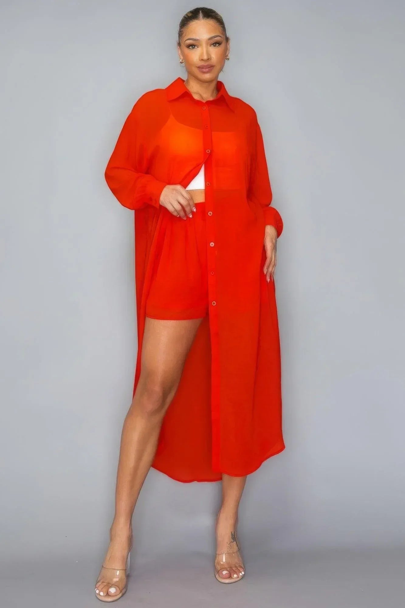 Chiffon Button Down Long Sleeve Side Slit Long Top With Short Set | Mixtshop LLC Main image