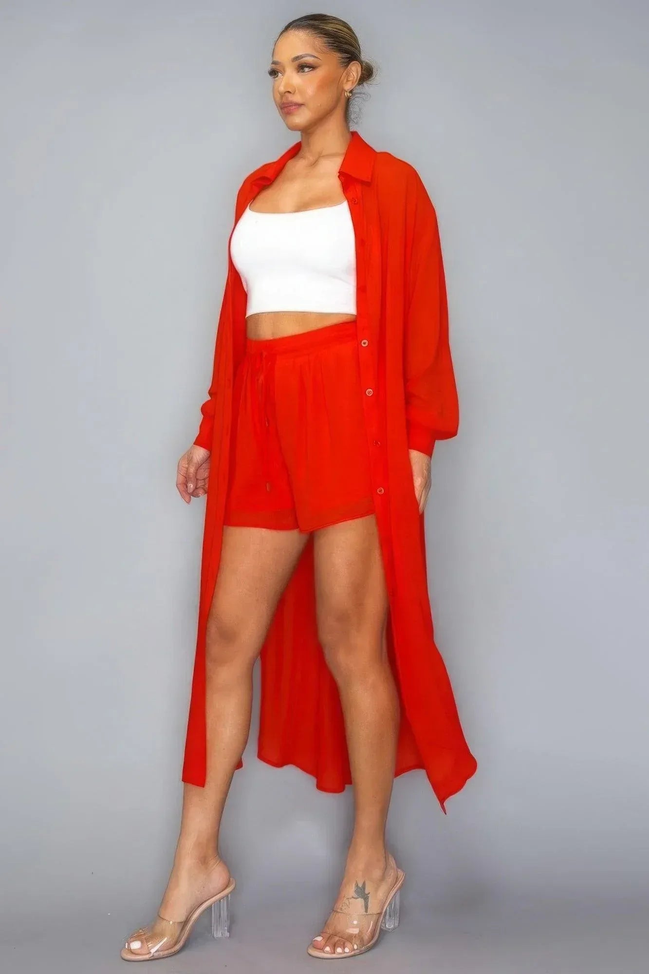 Chiffon Button Down Long Sleeve Side Slit Long Top With Short Set | Mixtshop LLC
