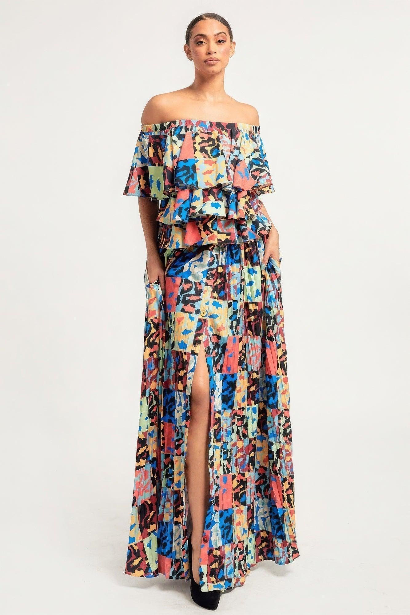 Printed Ruffle Top And Pleated Skirt Set | Mixtshop LLC Main image